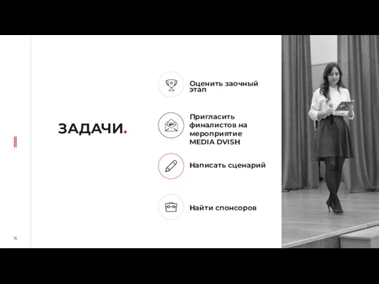 ЗАДАЧИ. Оценить заочный этап Пригласить финалистов на мероприятие MEDIA DVISH Написать сценарий Найти спонсоров