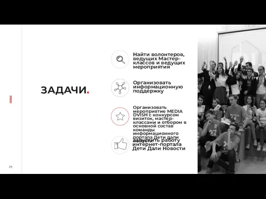 ЗАДАЧИ. Найти волонтеров, ведущих Мастер-классов и ведущих мероприятия Организовать мероприятие MEDIA