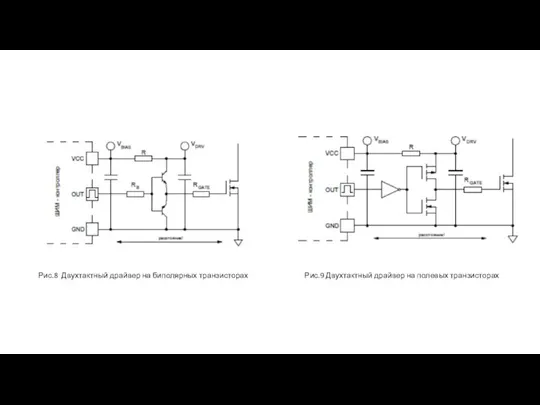 Рис.8 Двухтактный драйвер на биполярных транзисторах Рис.9 Двухтактный драйвер на полевых транзисторах