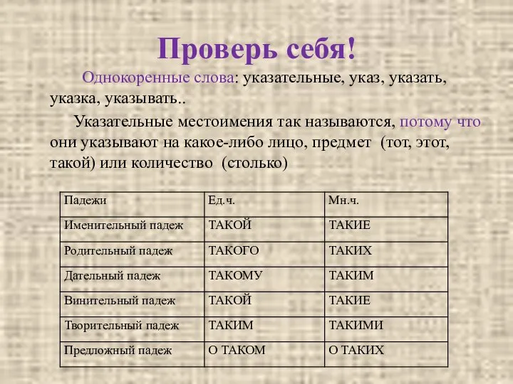 Проверь себя! Однокоренные слова: указательные, указ, указать, указка, указывать.. Указательные местоимения