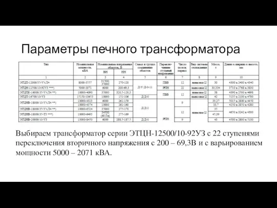 Параметры печного трансформатора Выбираем трансформатор серии ЭТЦН-12500/10-92УЗ с 22 ступенями переключения