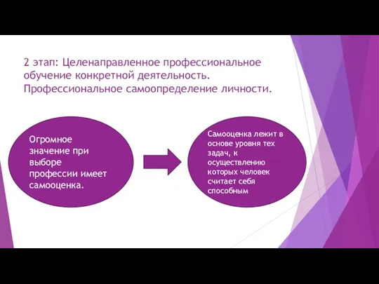 2 этап: Целенаправленное профессиональное обучение конкретной деятельность. Профессиональное самоопределение личности. Огромное