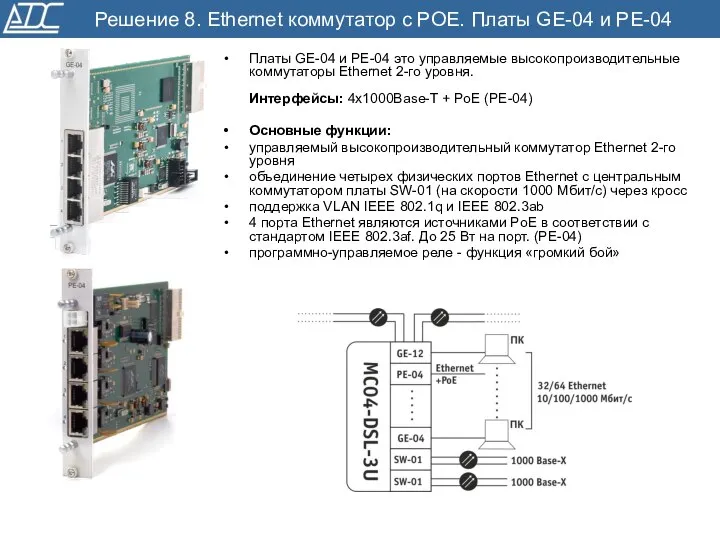 Платы GE-04 и PE-04 это управляемые высокопроизводительные коммутаторы Ethernet 2-го уровня.