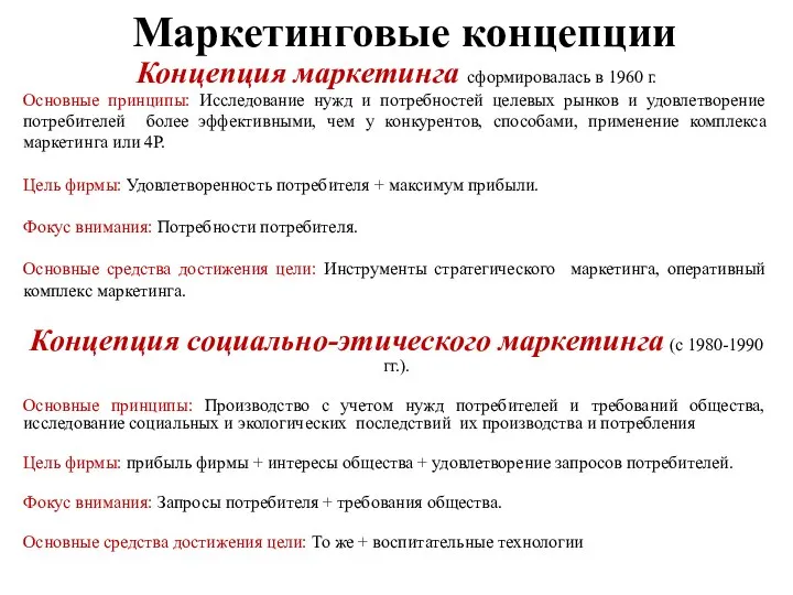 Маркетинговые концепции Концепция маркетинга сформировалась в 1960 г. Основные принципы: Исследование