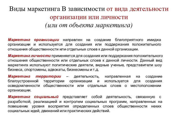 Виды маркетинга В зависимости от вида деятельности организации или личности (или