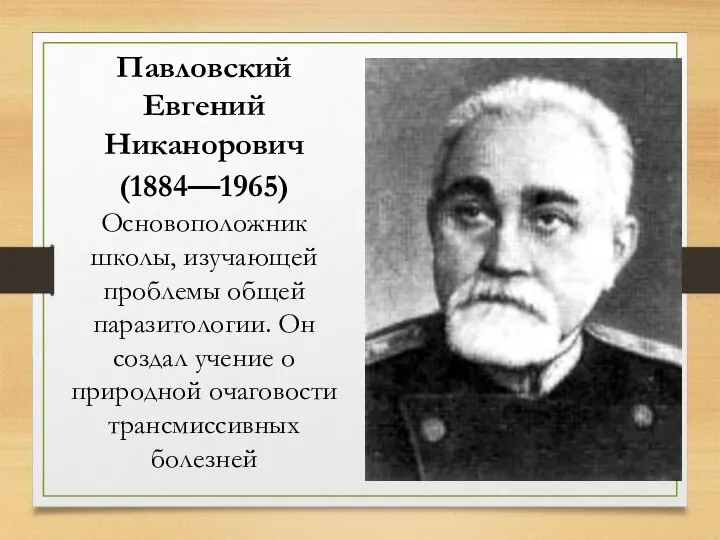 Павловский Евгений Никанорович (1884—1965) Основоположник школы, изучающей проблемы общей паразитологии. Он