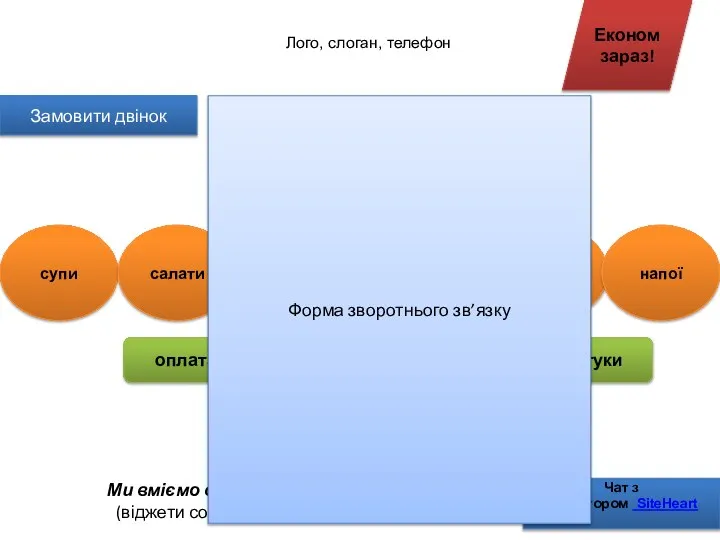 Лого, слоган, телефон Економ зараз! супи салати соління десерти напої Ми