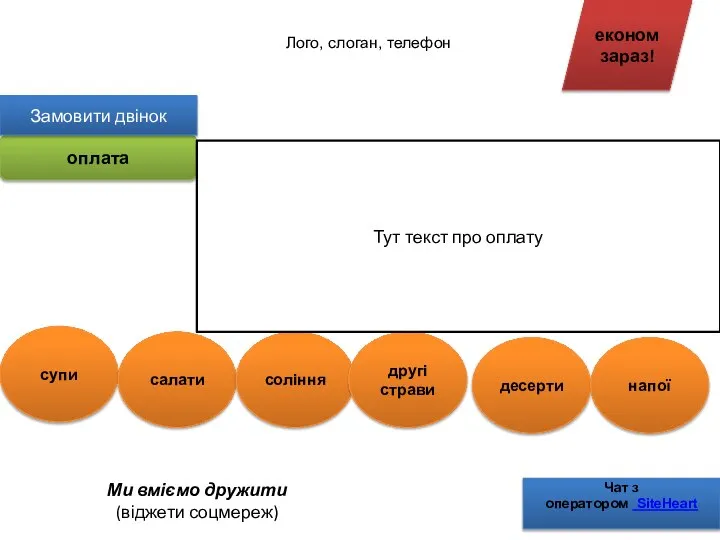 Лого, слоган, телефон економ зараз! супи салати соління десерти напої Ми