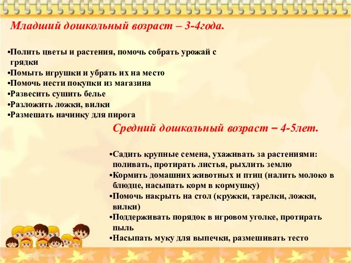 Младший дошкольный возраст – 3-4года. Полить цветы и растения, помочь собрать