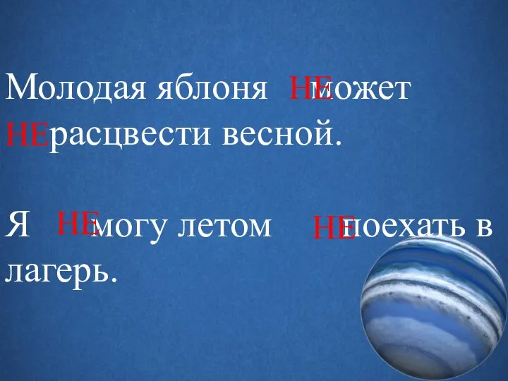 Молодая яблоня может расцвести весной. Я могу летом поехать в лагерь. НЕ НЕ НЕ НЕ