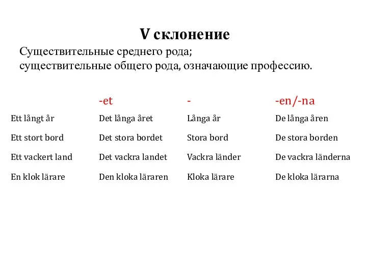 V склонение Существительные среднего рода; существительные общего рода, означающие профессию.