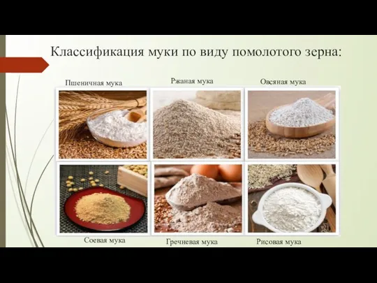 Классификация муки по виду помолотого зерна: Пшеничная мука Рисовая мука Гречневая