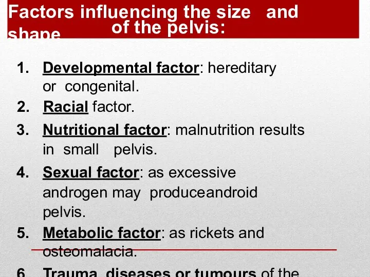Factors influencing the size and shape of the pelvis: Developmental factor: