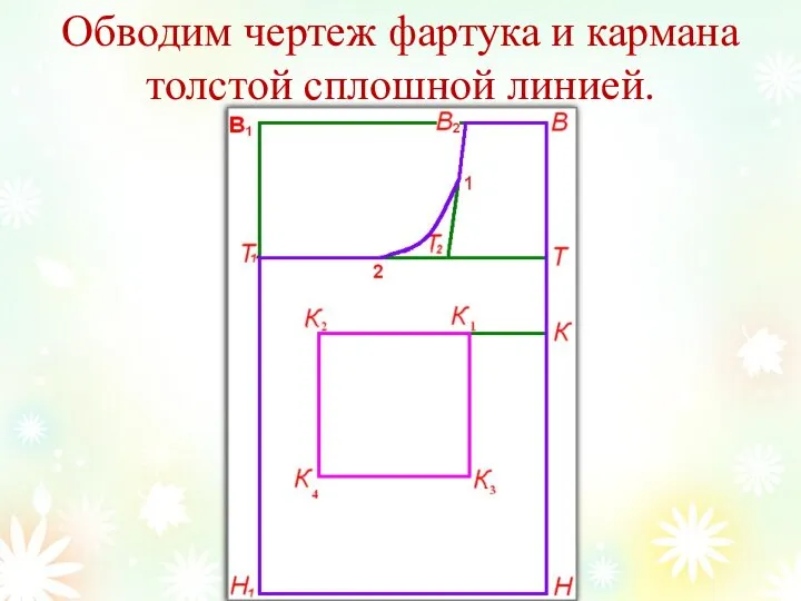 Обводим чертеж фартука и кармана толстой сплошной линией.