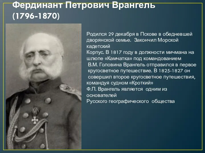 Фердинант Петрович Врангель (1796-1870) Родился 29 декабря в Пскове в обедневшей