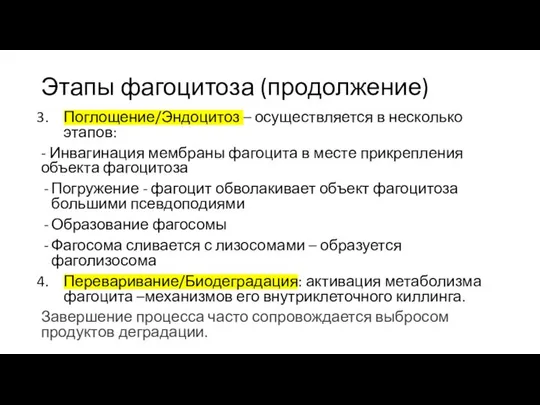 Этапы фагоцитоза (продолжение) Поглощение/Эндоцитоз – осуществляется в несколько этапов: - Инвагинация