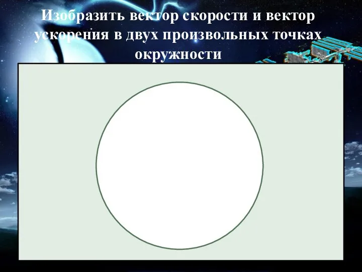 Изобразить вектор скорости и вектор ускорения в двух произвольных точках окружности