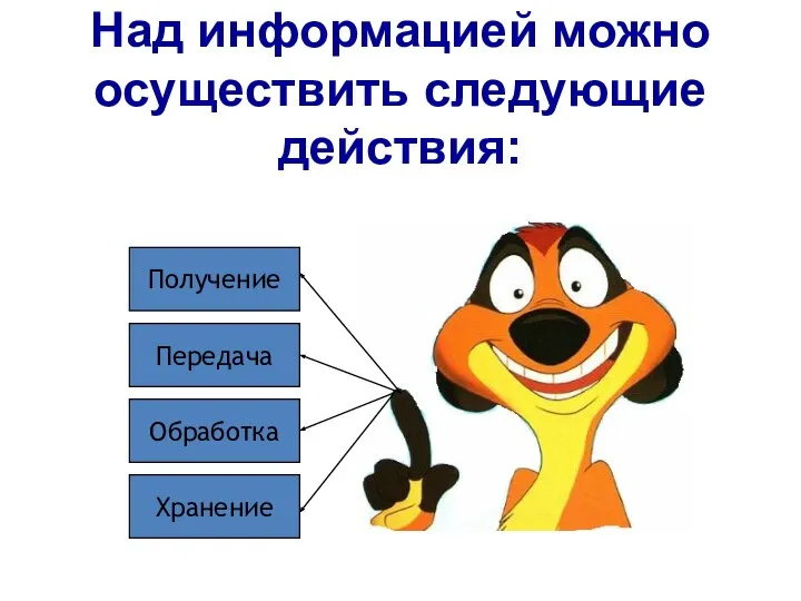 Над информацией можно осуществить следующие действия: Получение Передача Обработка Хранение