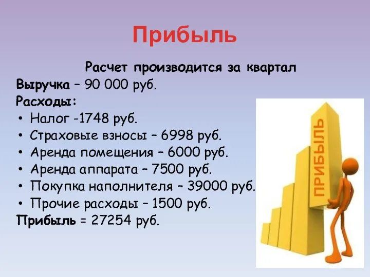 Прибыль Расчет производится за квартал Выручка – 90 000 руб. Расходы: