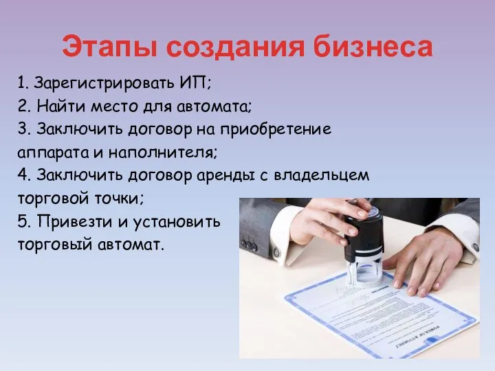 Этапы создания бизнеса 1. Зарегистрировать ИП; 2. Найти место для автомата;