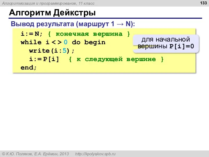 Алгоритм Дейкстры i:= N; { конечная вершина } while i 0