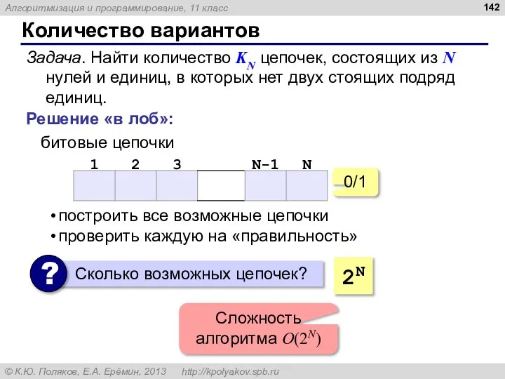 Количество вариантов Задача. Найти количество KN цепочек, состоящих из N нулей