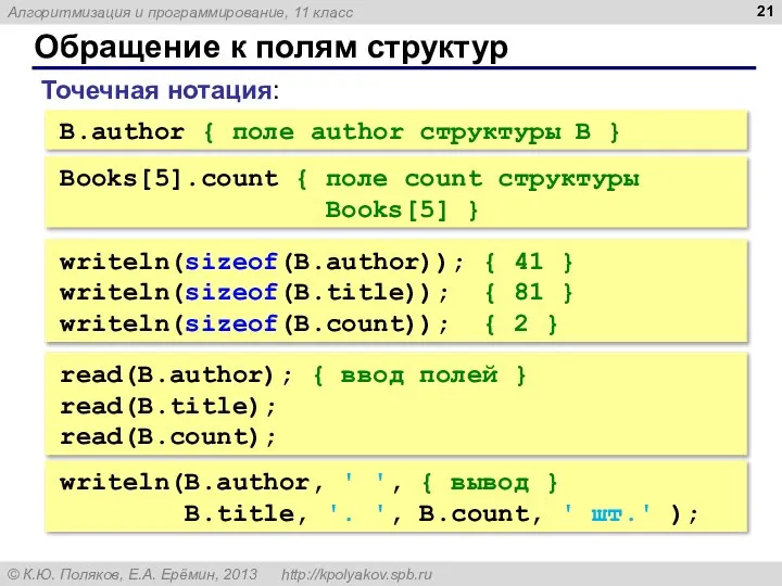 Обращение к полям структур B.author { поле author структуры B }