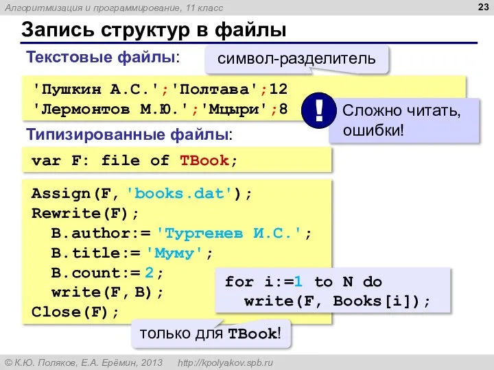 Запись структур в файлы 'Пушкин А.С.';'Полтава';12 'Лермонтов М.Ю.';'Мцыри';8 Текстовые файлы: символ-разделитель