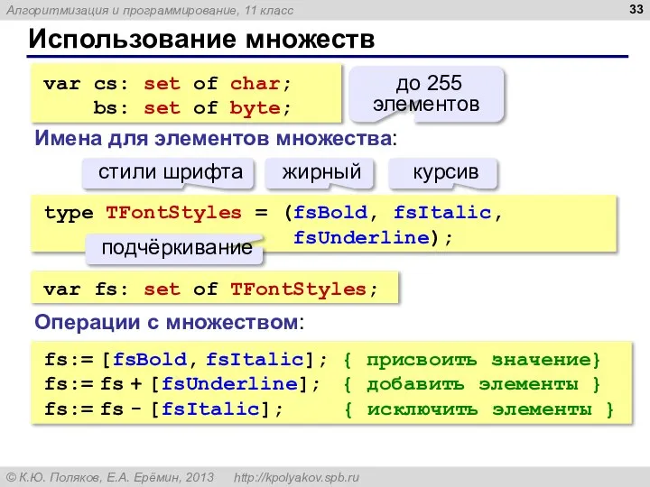 Использование множеств var cs: set of char; bs: set of byte;