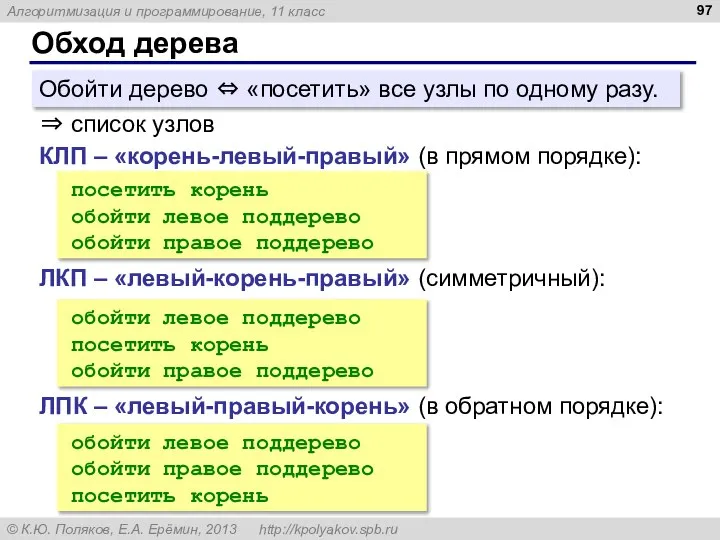 Обход дерева Обойти дерево ⇔ «посетить» все узлы по одному разу.