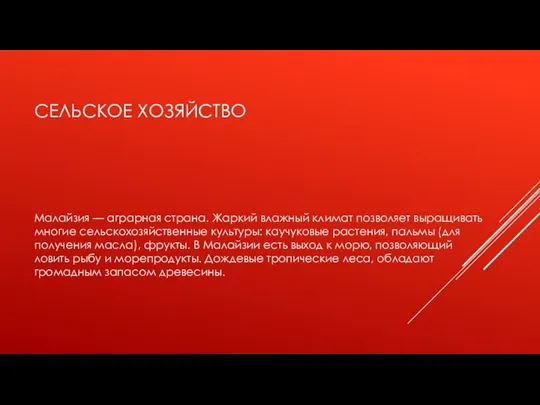 СЕЛЬСКОЕ ХОЗЯЙСТВО Малайзия — аграрная страна. Жаркий влажный климат позволяет выращивать