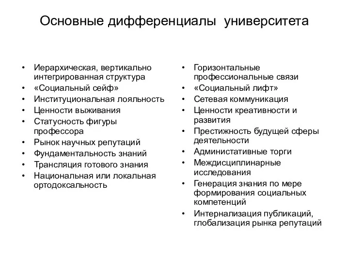 Основные дифференциалы университета Иерархическая, вертикально интегрированная структура «Социальный сейф» Институциональная лояльность