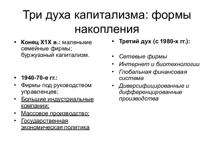 Три духа капитализма: формы накопления Конец Х1Х в.: маленькие семейные фирмы;