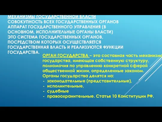 МЕХАНИЗМЫ ГОСУДАРСТВЕННОЙ ВЛАСТИ СОВОКУПНОСТЬ ВСЕХ ГОСУДАРСТВЕННЫХ ОРГАНОВ АППАРАТ ГОСУДАРСТВЕННОГО УПРАВЛЕНИЯ (В