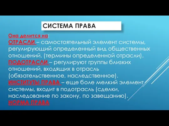 Она делится на: ОТРАСЛИ – самостоятельный элемент системы, регулирующий определенный вид