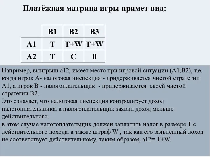 Например, выигрыш а12, имеет место при игровой ситуации (А1,В2), т.е. когда