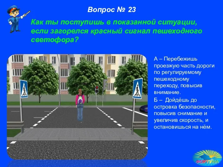 Как ты поступишь в показанной ситуации, если загорелся красный сигнал пешеходного