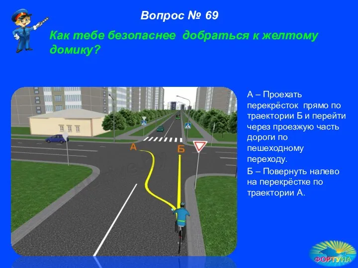 А – Проехать перекрёсток прямо по траектории Б и перейти через