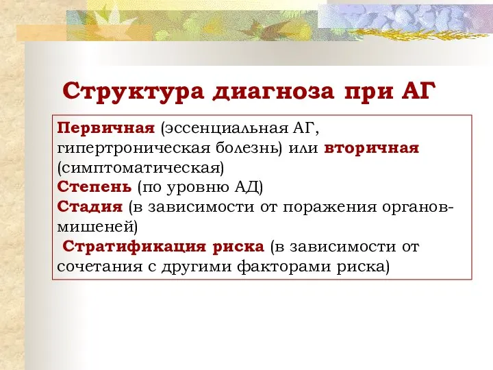 Структура диагноза при АГ Первичная (эссенциальная АГ, гипертроническая болезнь) или вторичная