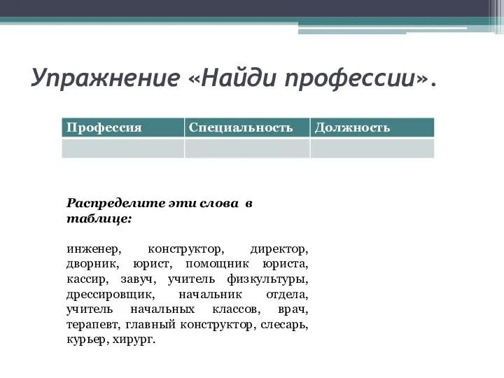 Упражнение «Найди профессии». Распределите эти слова в таблице: инженер, конструктор, директор,