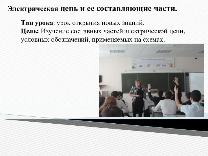 Электрическая цепь и ее составляющие части. Тип урока: урок открытия новых