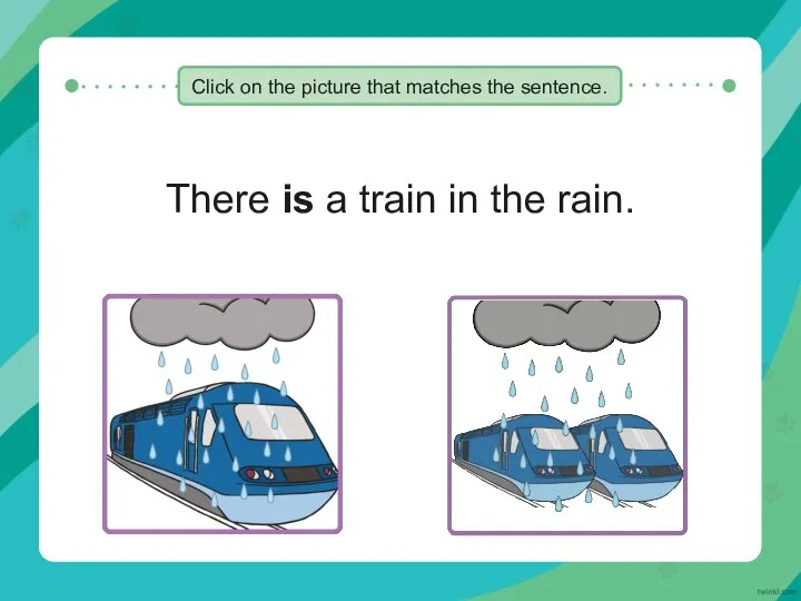 There is a train in the rain. Click on the picture that matches the sentence.