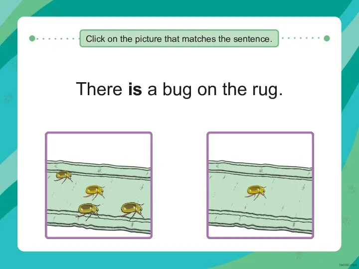 There is a bug on the rug. Click on the picture that matches the sentence.