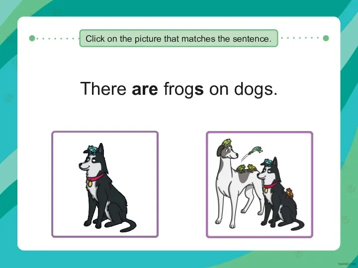 There are frogs on dogs. Click on the picture that matches the sentence.