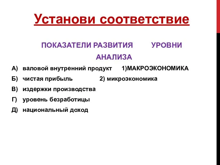 Установи соответствие ПОКАЗАТЕЛИ РАЗВИТИЯ УРОВНИ АНАЛИЗА А) валовой внутренний продукт 1)МАКРОЭКОНОМИКА