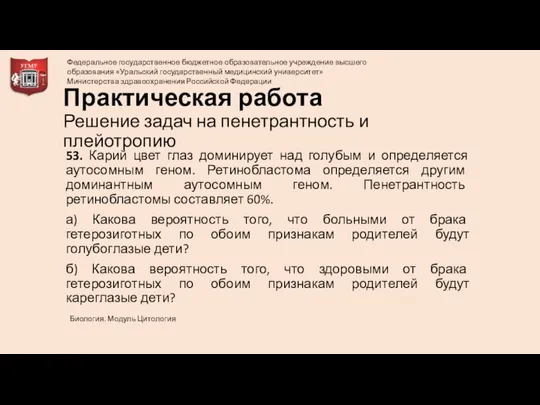 Практическая работа Решение задач на пенетрантность и плейотропию 53. Карий цвет