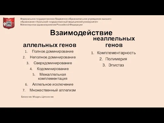 Взаимодействие аллельных генов Полное доминирование Неполное доминирование Сверхдоминирование Кодоминирование Межаллельная комплементация