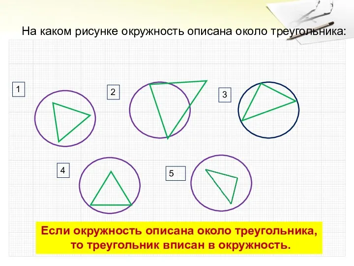 На каком рисунке окружность описана около треугольника: 1 2 3 4