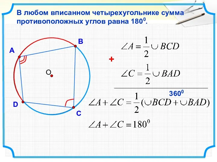 А В D В любом вписанном четырехугольнике сумма противоположных углов равна 1800. С 3600