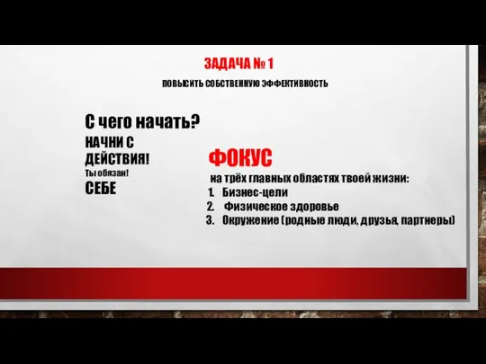 ЗАДАЧА № 1 С чего начать? НАЧНИ С ДЕЙСТВИЯ! Ты обязан!